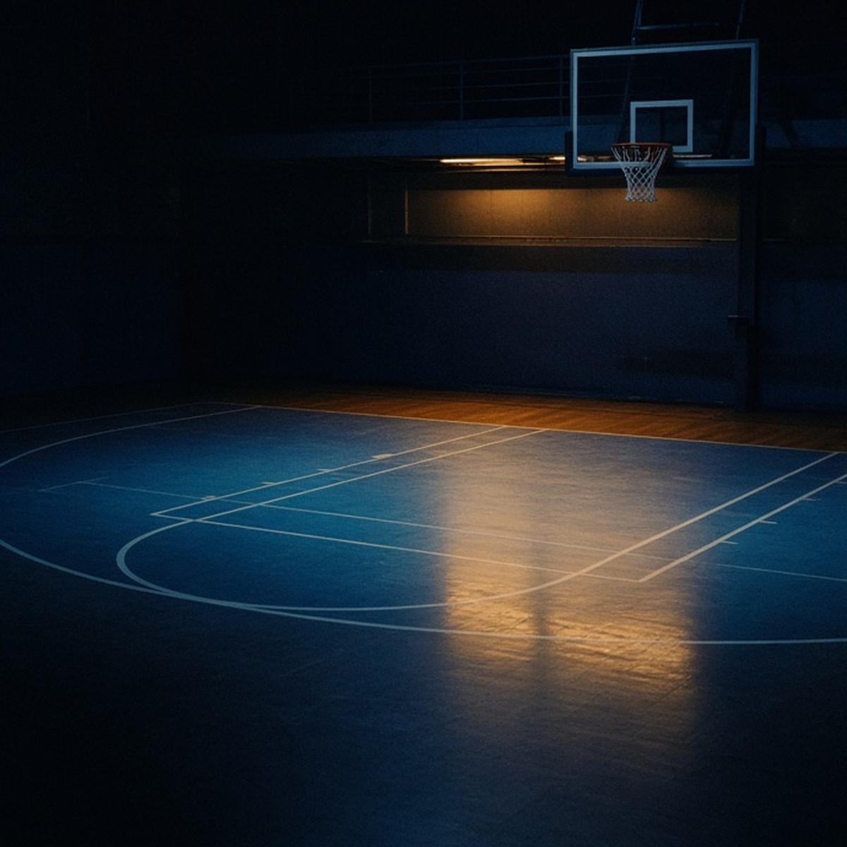 An empty fictional basketball court waiting under blue-hour light