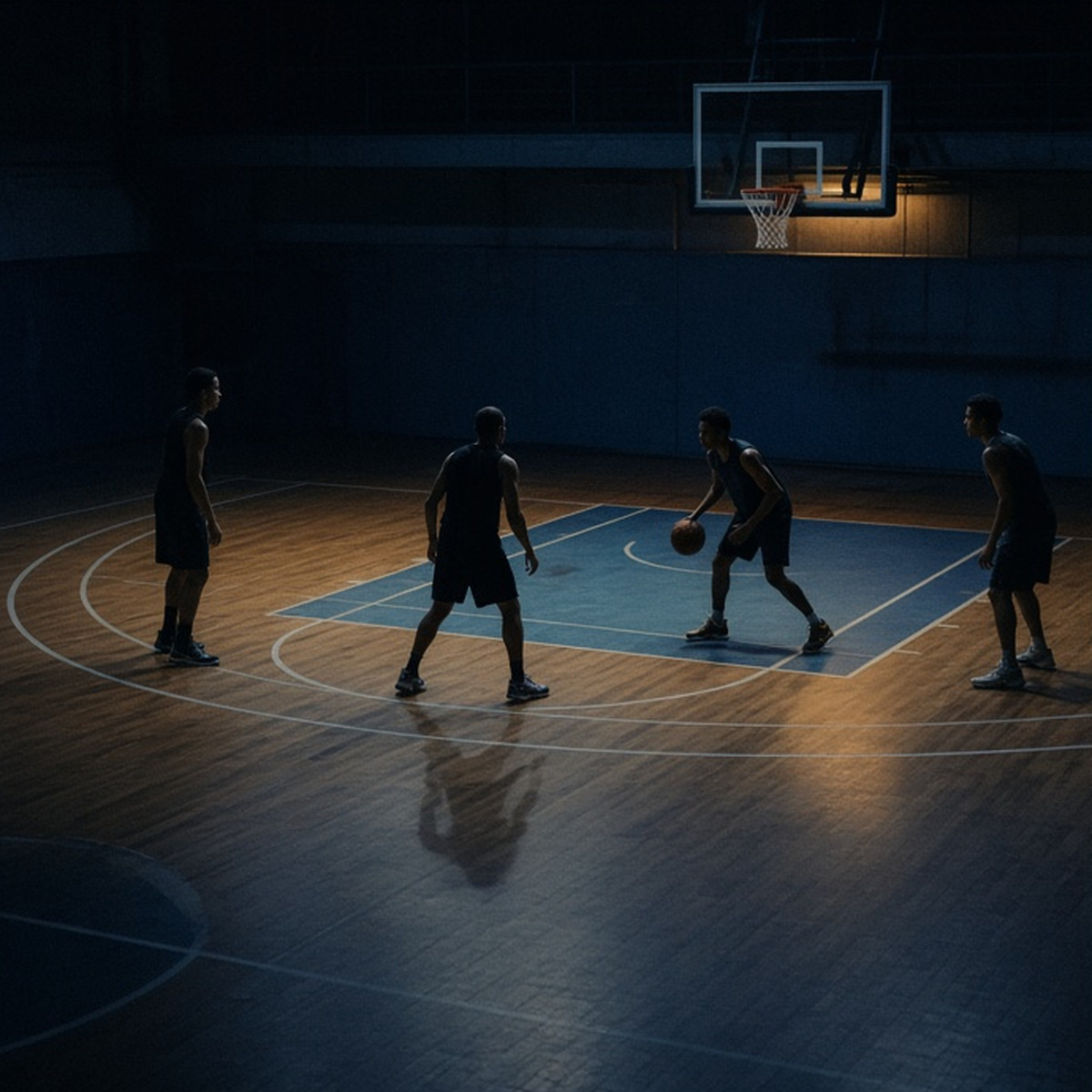 A wide fictional half-court arrangement seen from the sideline