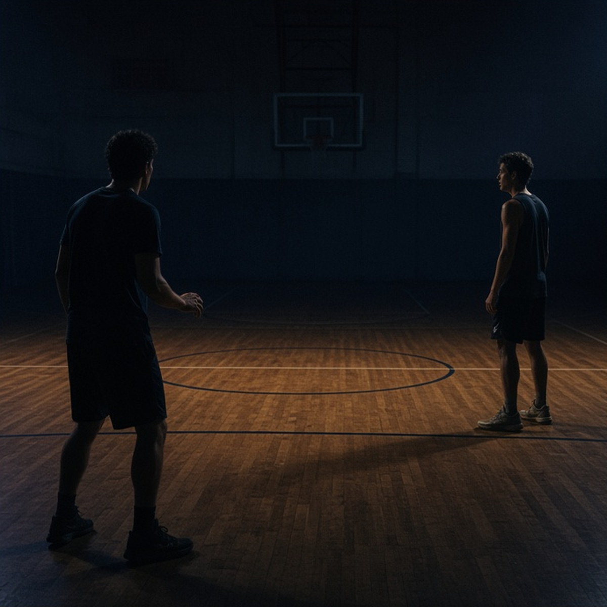 Two fictional players sharing a subtle, readable cue