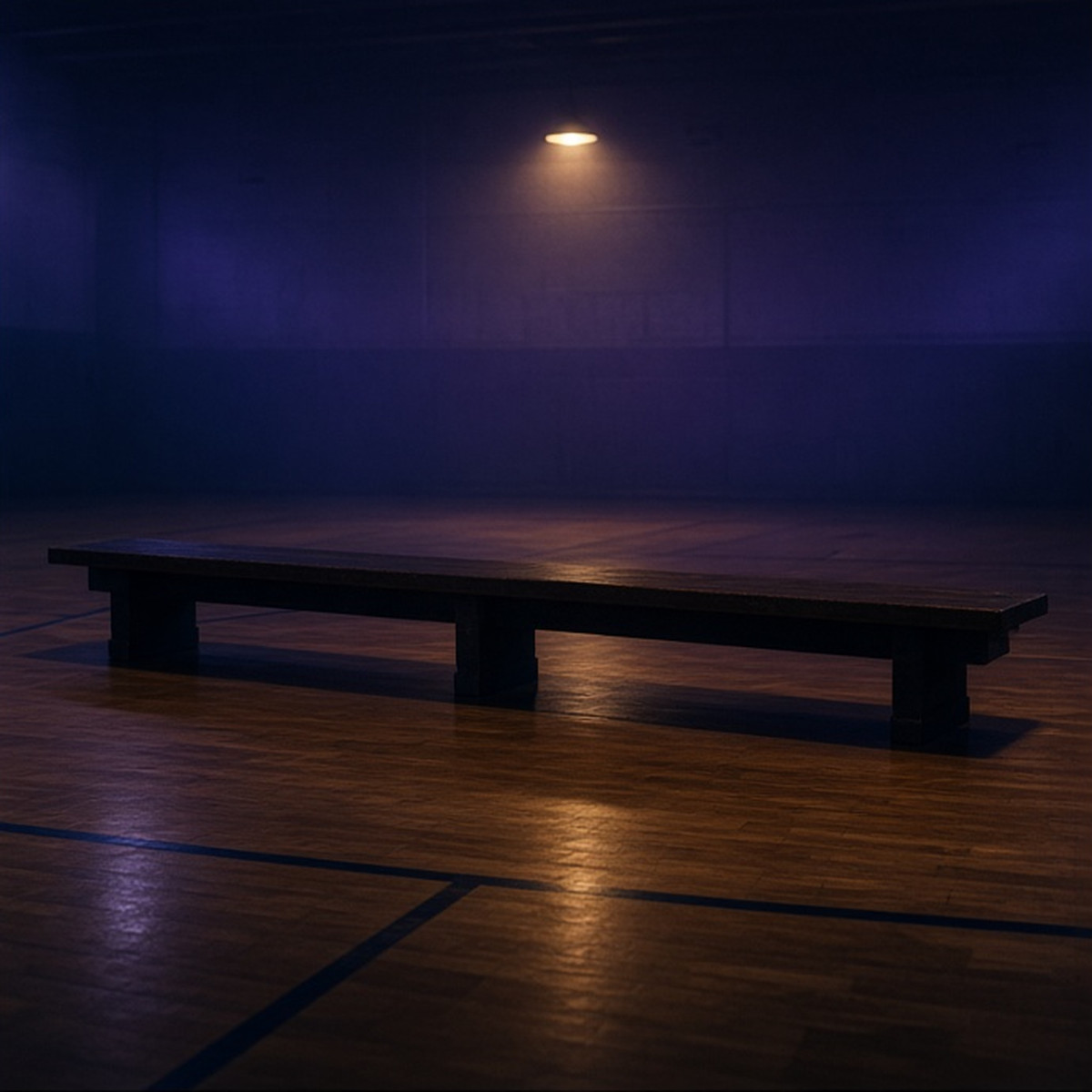 An empty fictional source bench with room around it