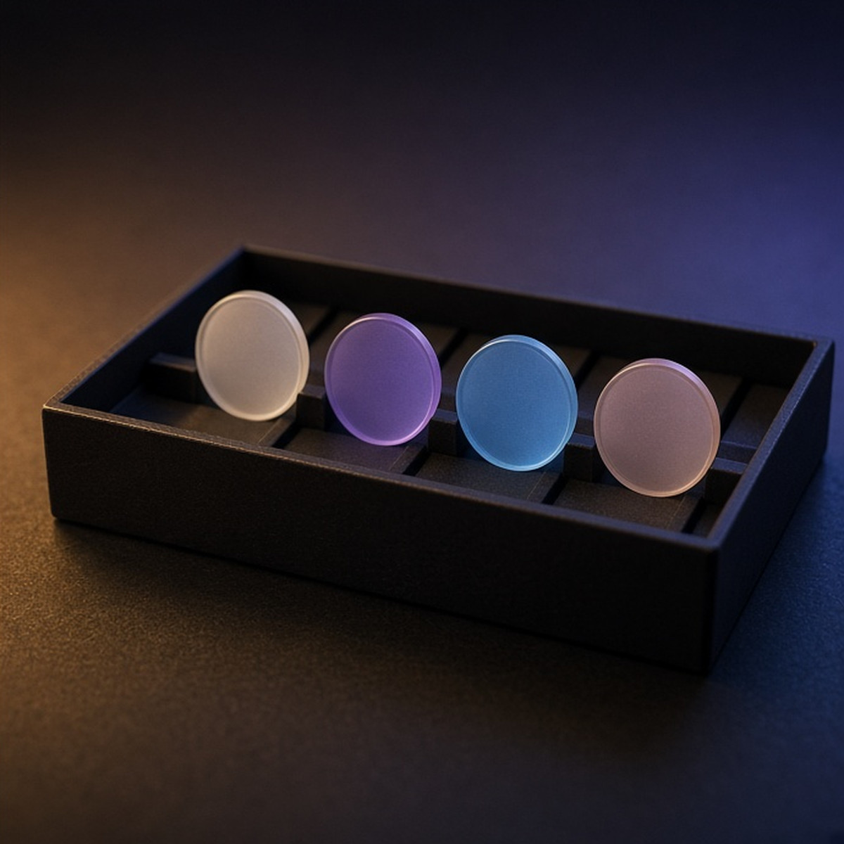 A small set of neutral cue tokens inside one shallow rack