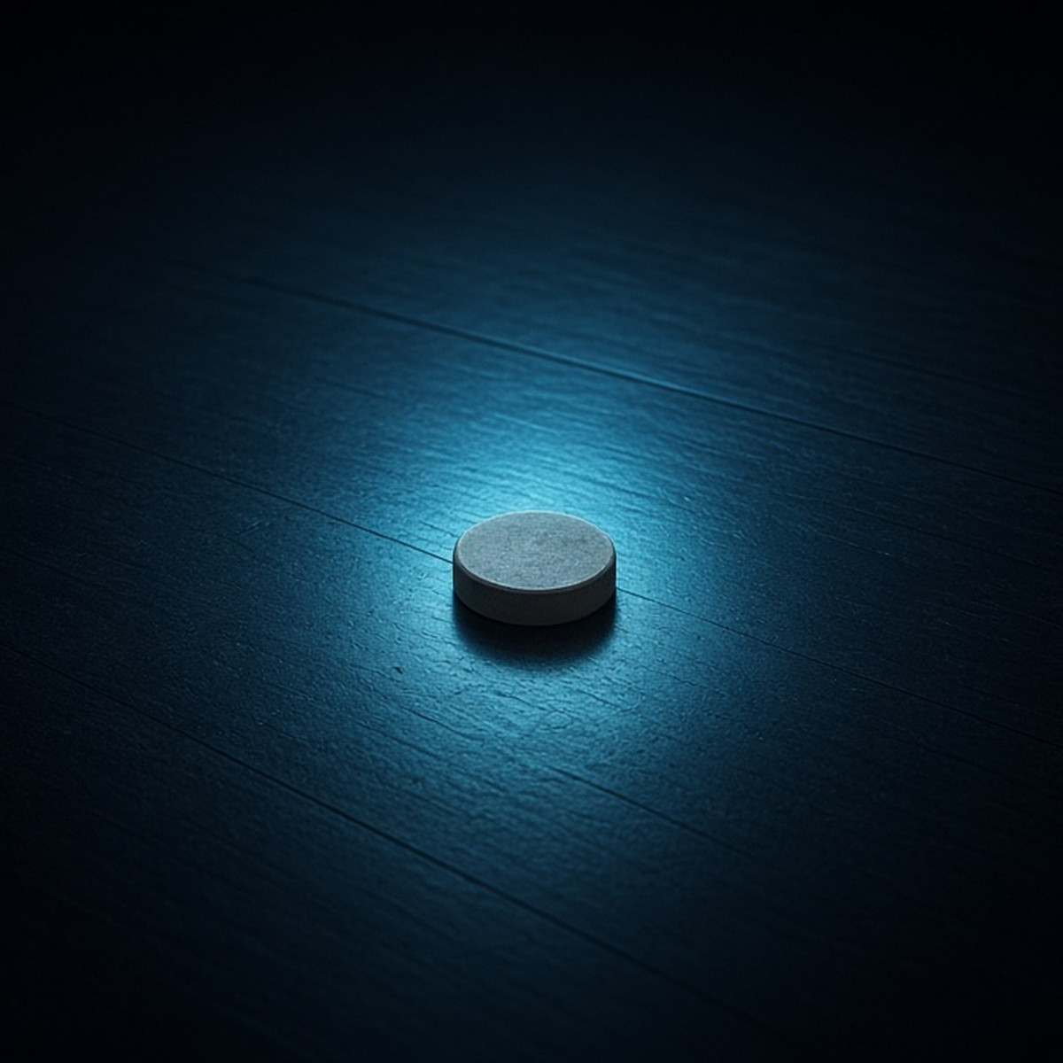 A cue token resting within a protective pool of blue-hour light