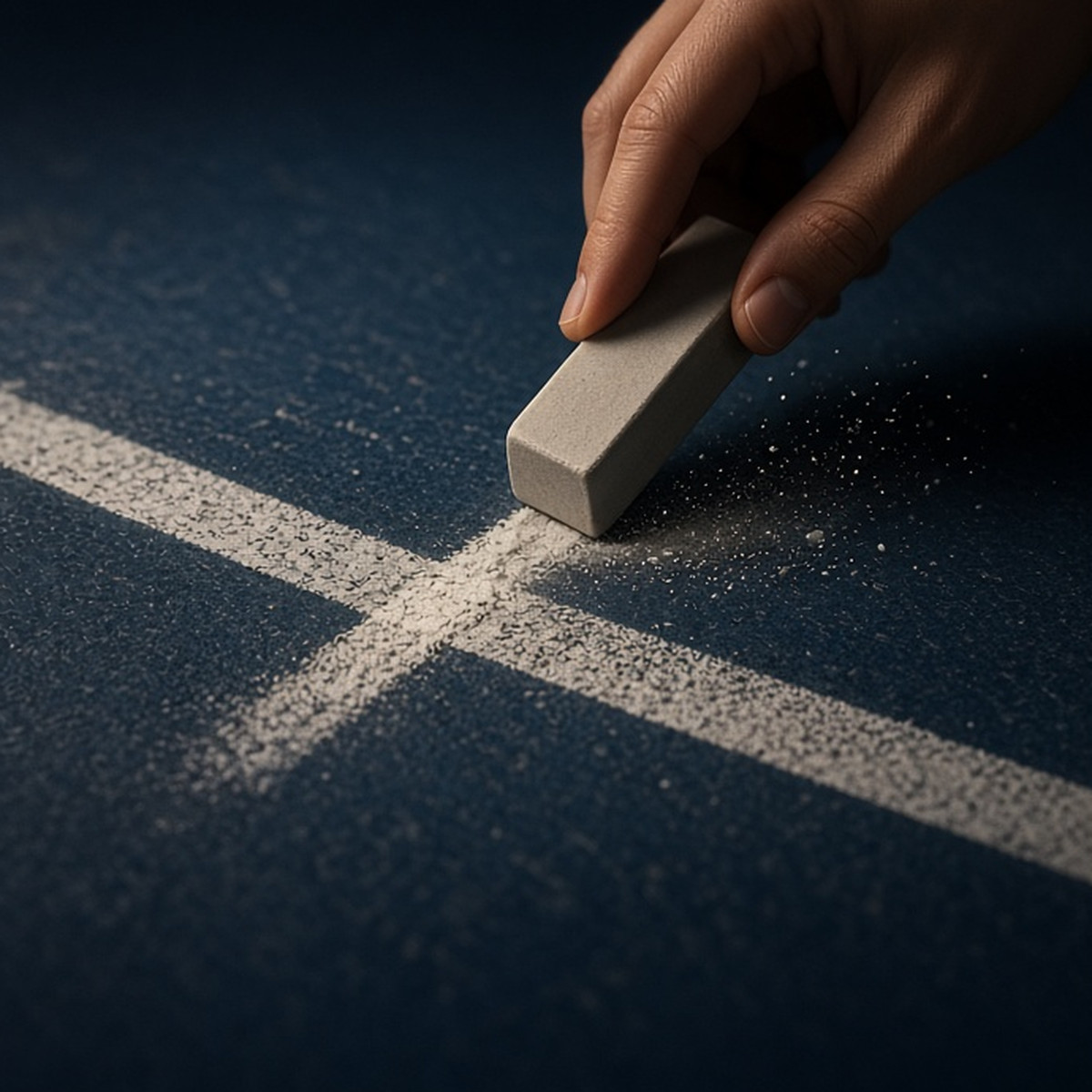 A clean eraser lifting one chalk mark from a court line