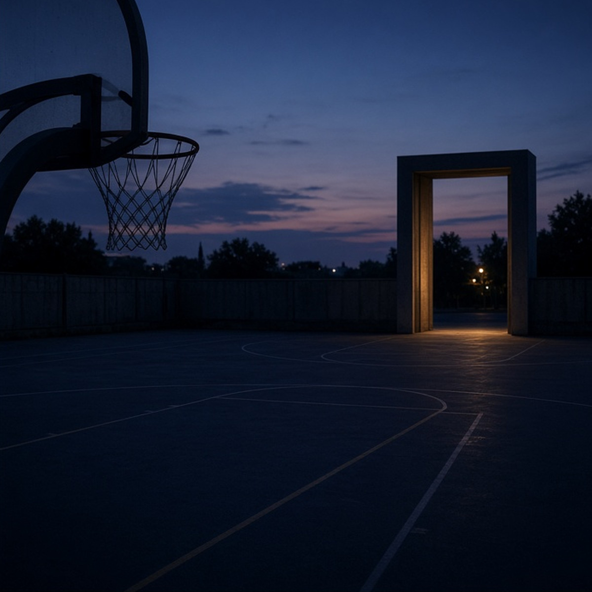 A single abstract hosting doorway beyond an empty court boundary