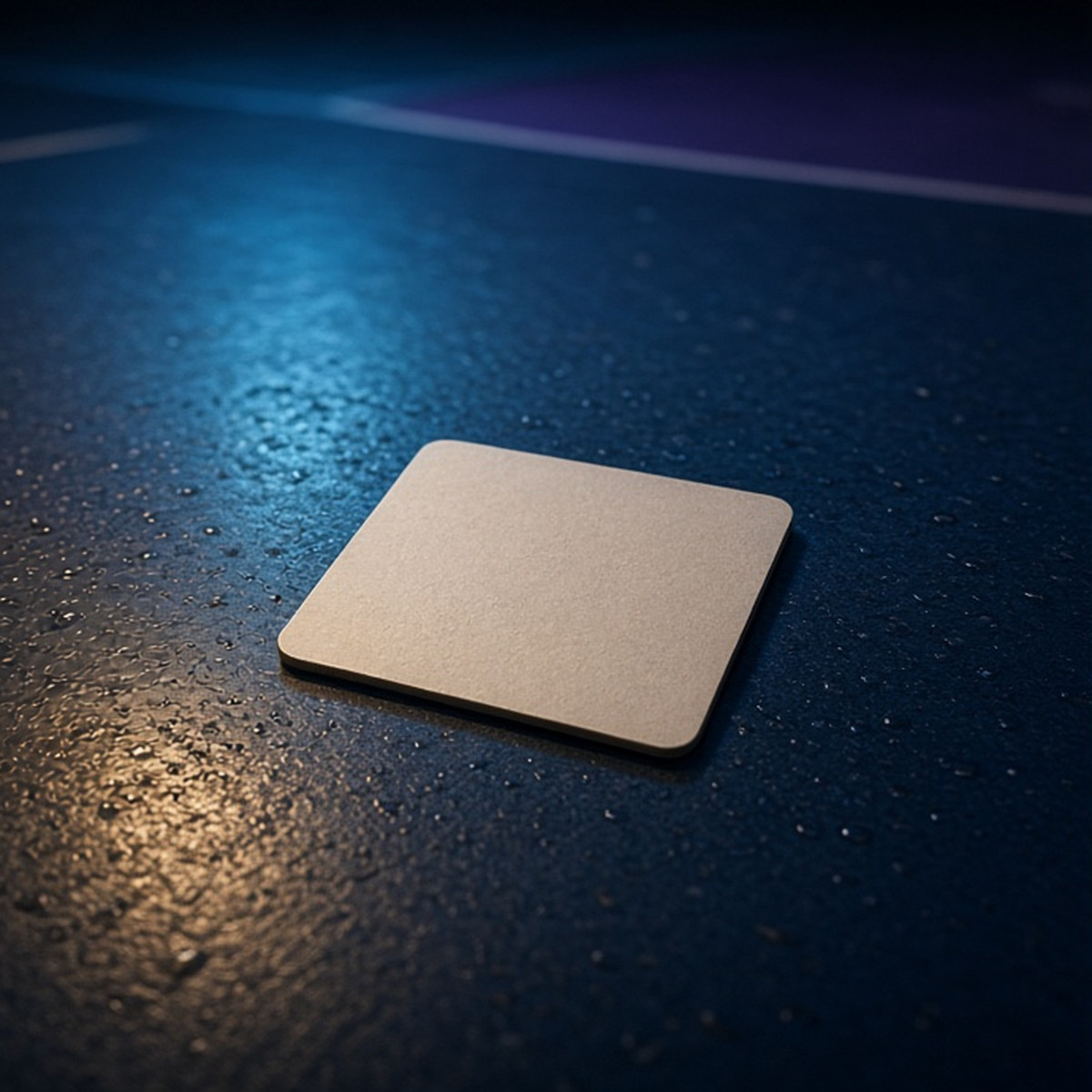 An empty unmarked player card under cyan court light