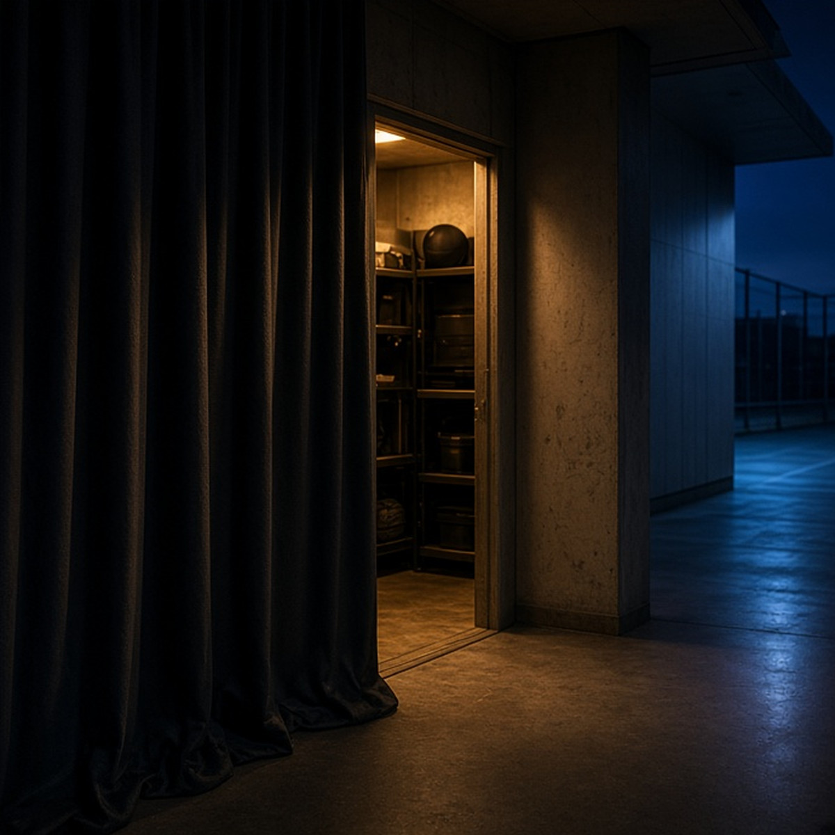 A court-black curtain protecting a softly lit equipment alcove