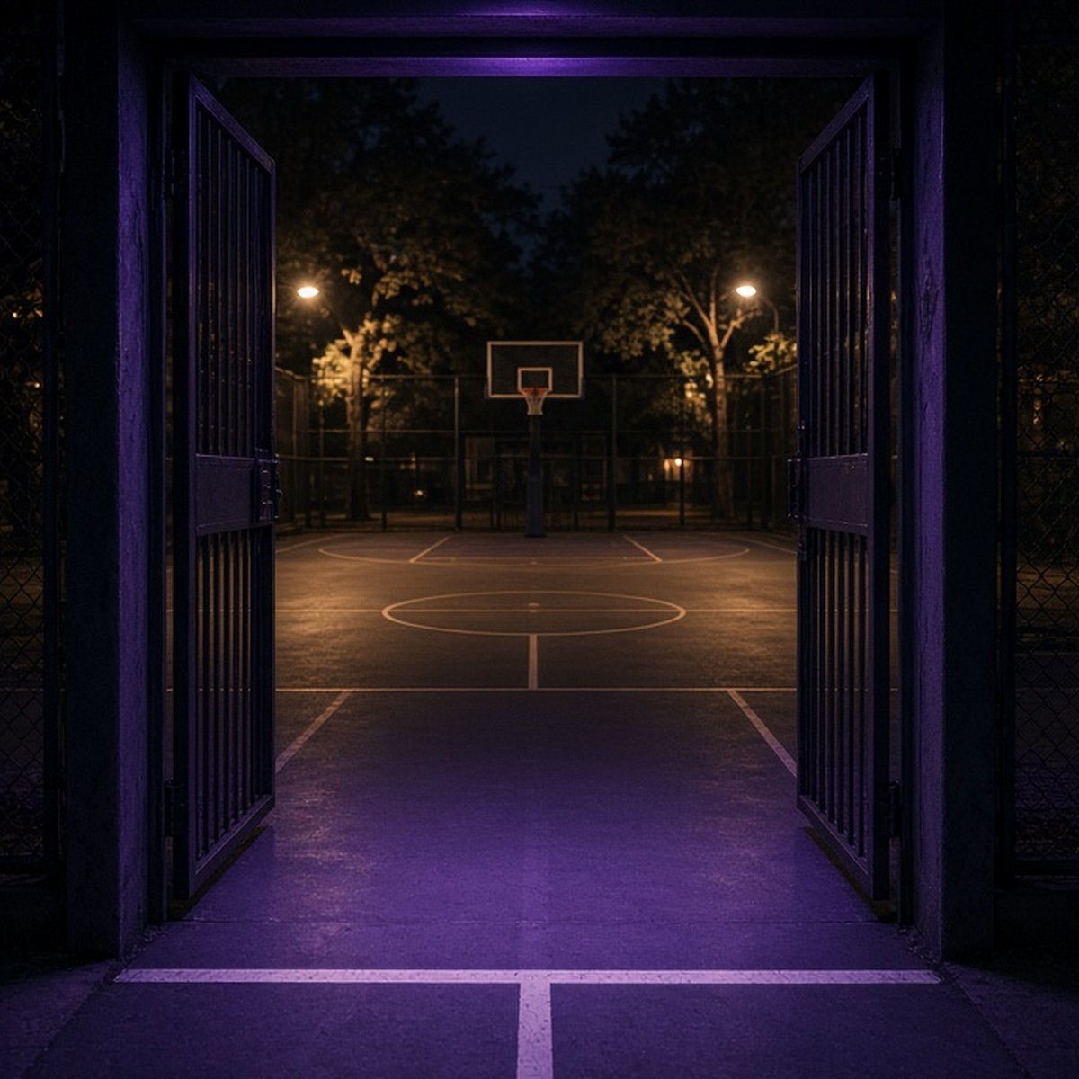 An empty fictional court entrance in blue-hour light