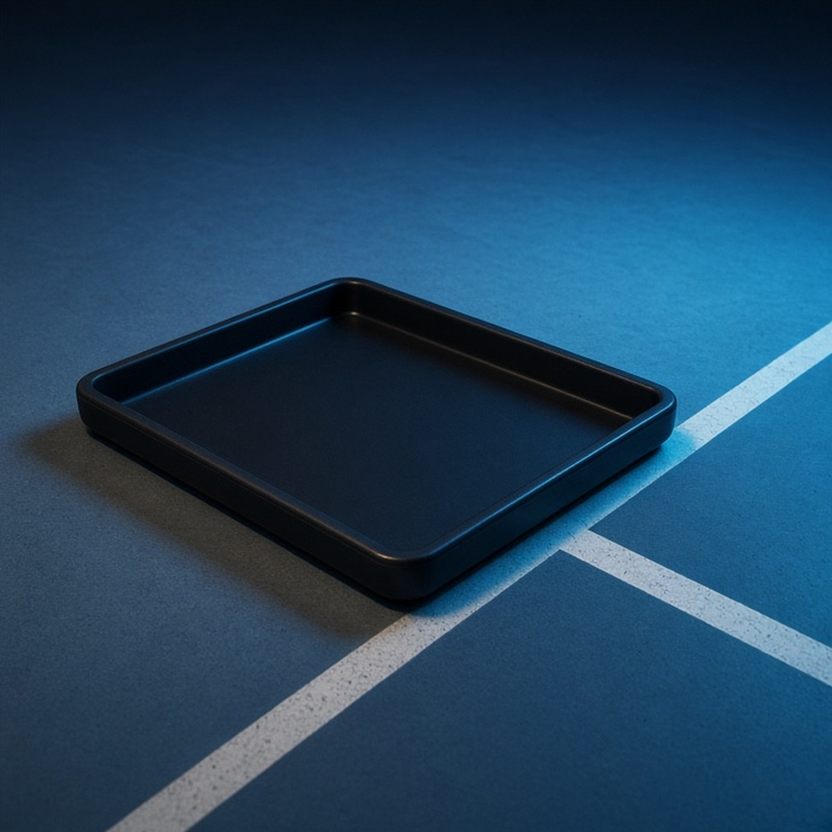 A single blank film tray beside a painted court line
